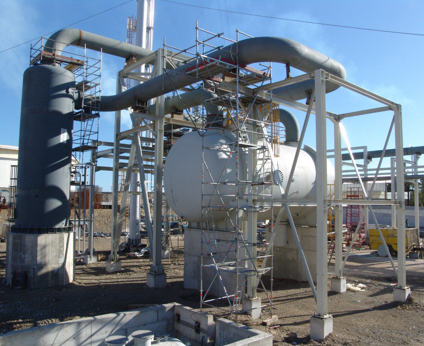 Industrial construction site with metal structures
